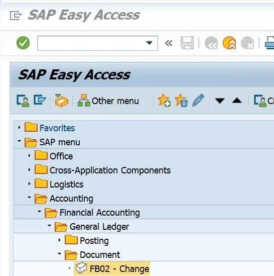 SAP-Menüpfad für FB02 zum Ändern von Belegen