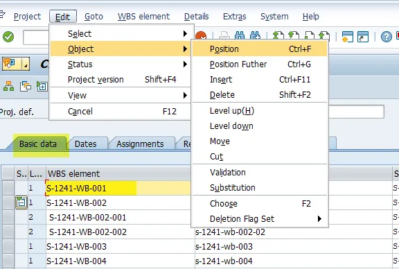 SAP Menüpfad: WBS-Element Positionieren über Bearbeiten &gt; Objekt &gt; Position