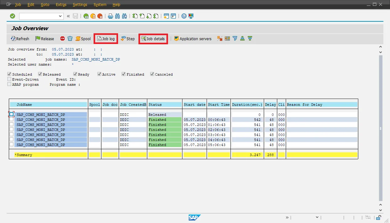 SAP SM37 Jobübersicht mit farbkodierten Ergebnissen