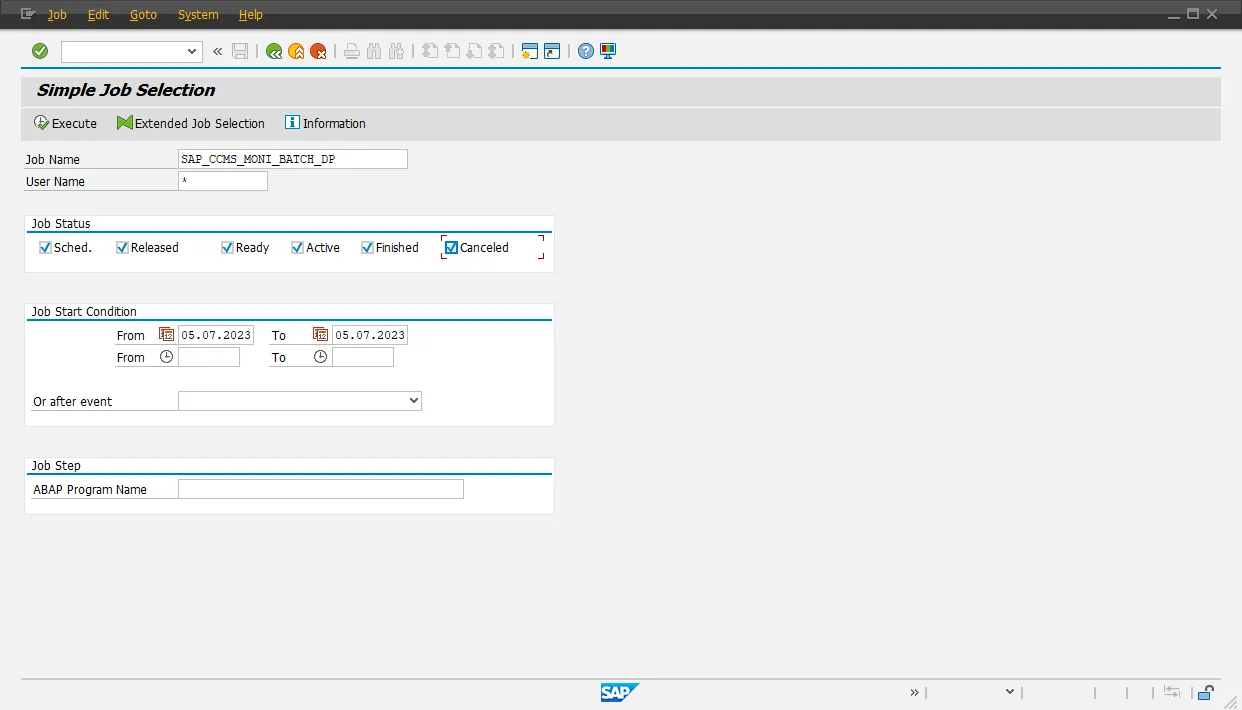 SAP SM37 Startbildschirm für Jobselektion