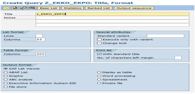 SAP SQ01: Erstellung einer neuen Query mit Titel und Auswahl der Grundliste