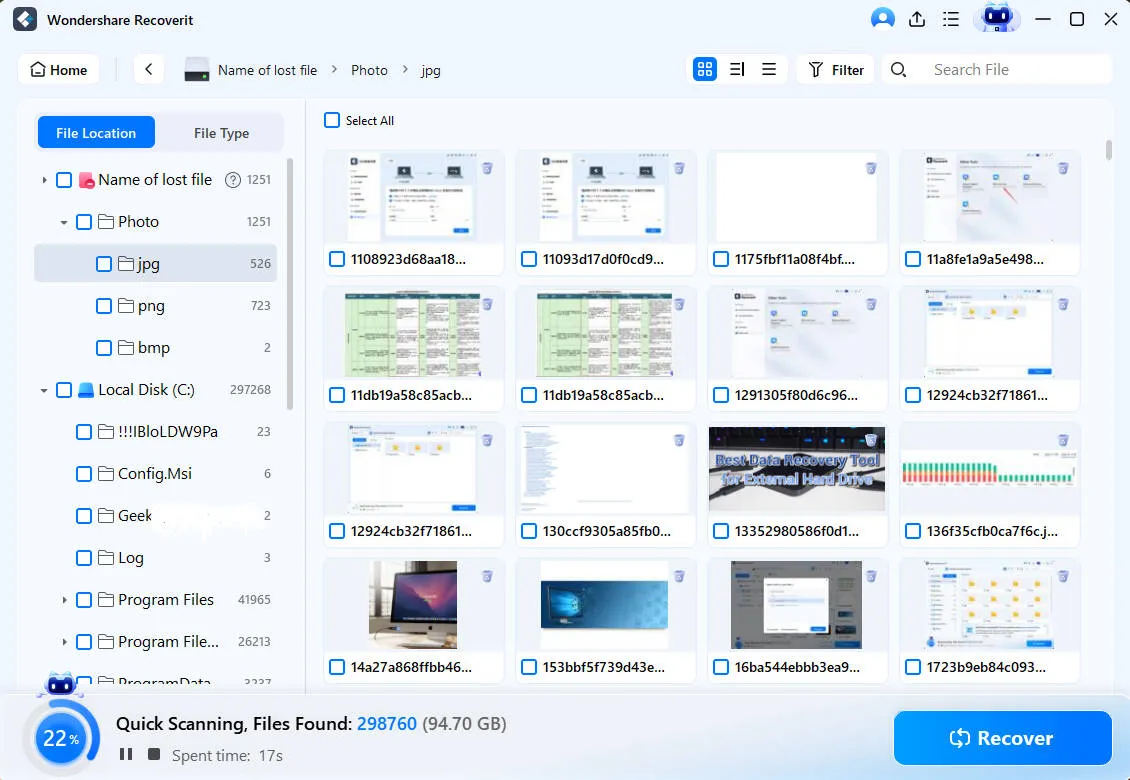Scanvorgang von Recoverit Data Recovery zur Wiederherstellung gelöschter Fotos