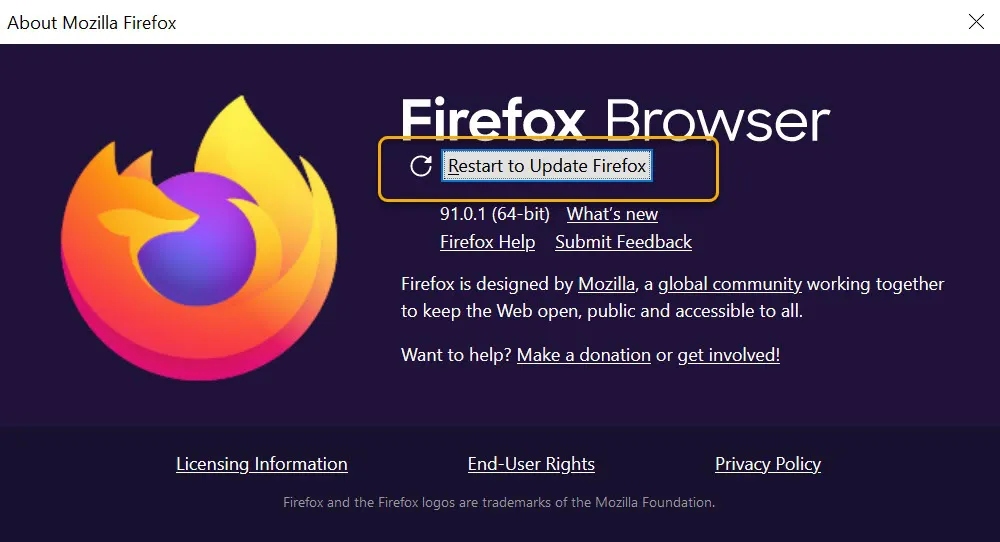 Schaltfläche &quot;Firefox neu starten, um Update abzuschließen&quot; im &quot;Über Firefox&quot;-Fenster