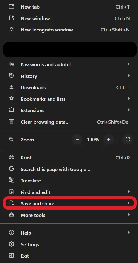Schaltfläche 'Speichern und Teilen' im Chrome-Browser für die Chromecast-Funktion