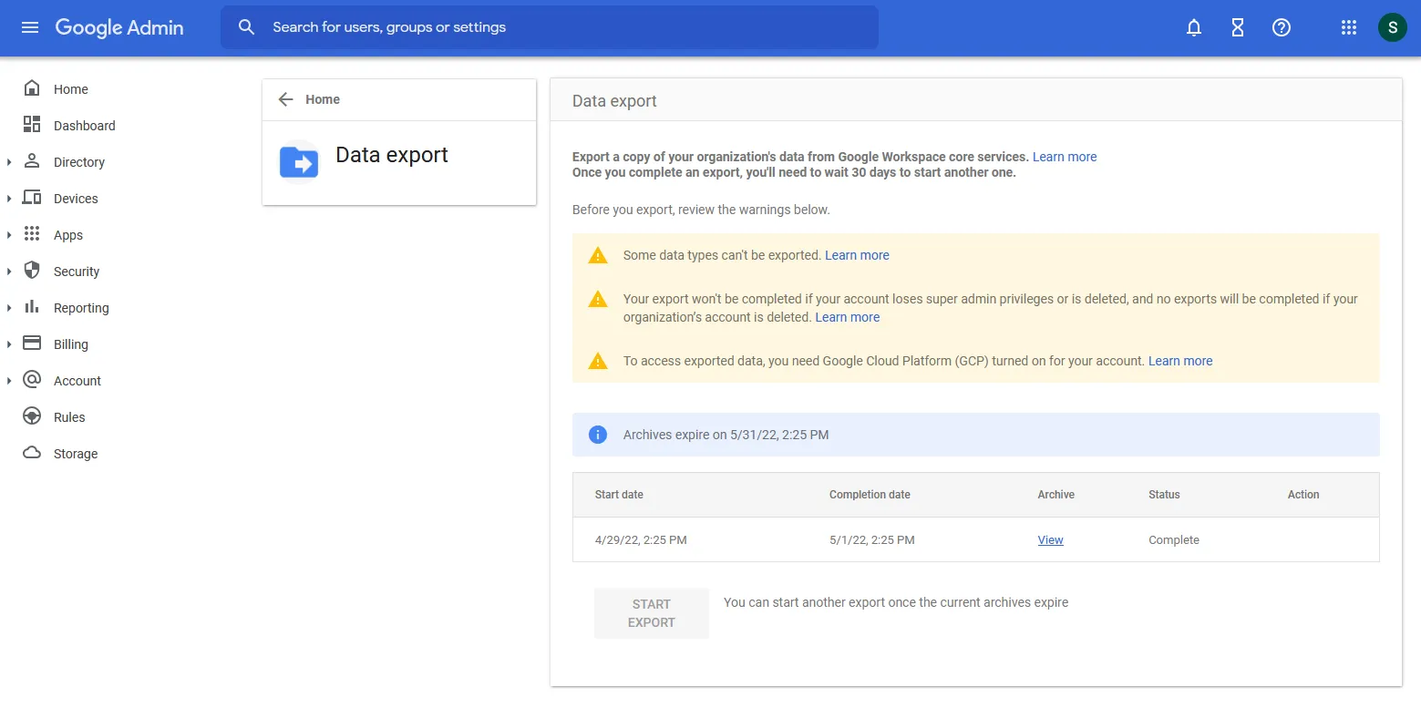 Schaltfläche zum Starten des Datenexports in Google Admin