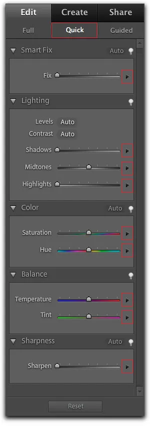 Schnell-Modus in Elements 9 mit Schiebereglern für einfache Bildanpassungen