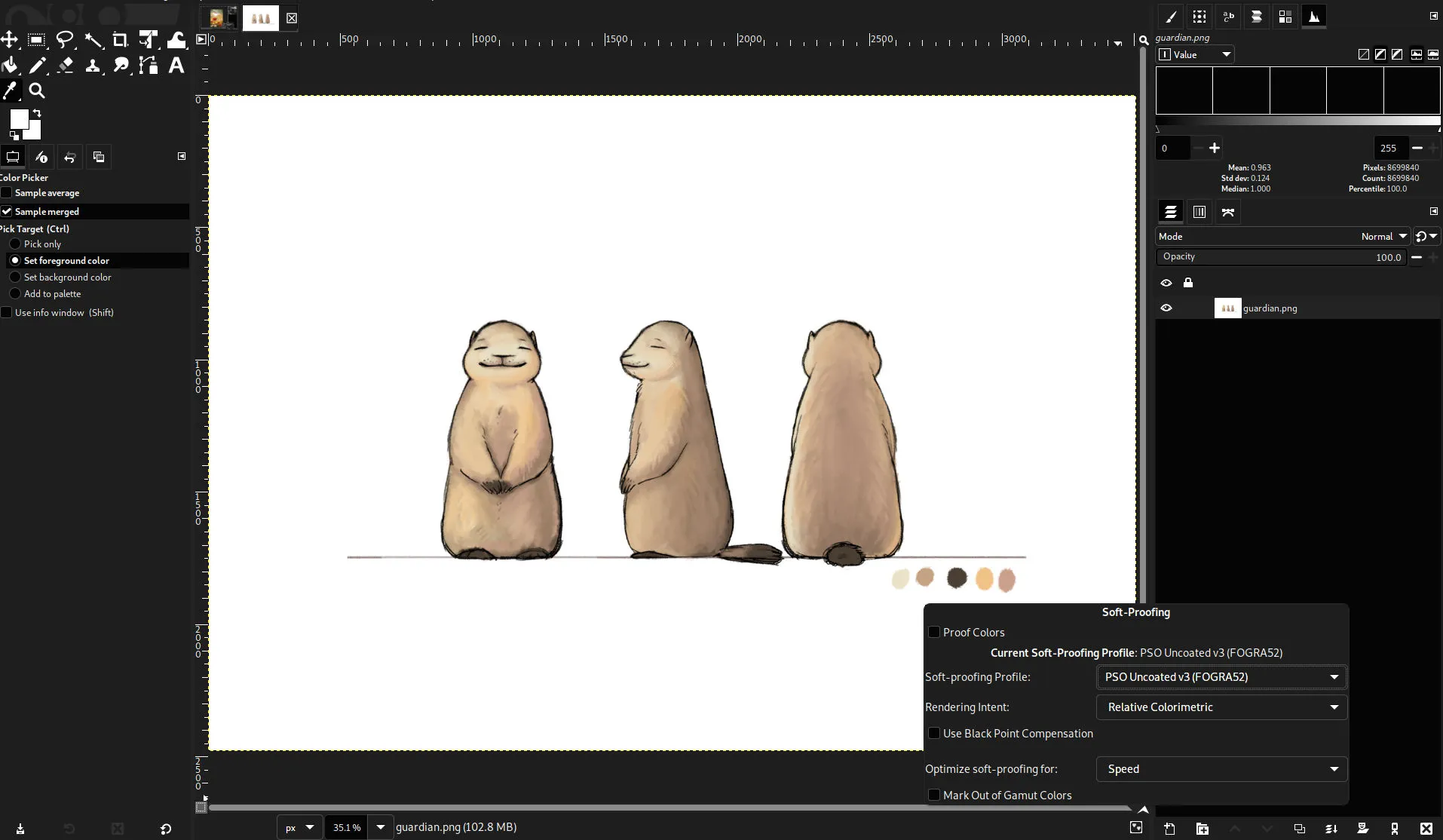 Schnelles Ändern der Softproofing-Einstellungen mit einem Umschalter in der Statusleiste in GIMP 2.99.12