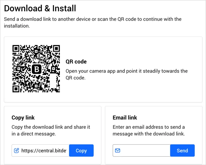 Schnittstelle zum Senden des Bitdefender-Download-Links an ein anderes Gerät