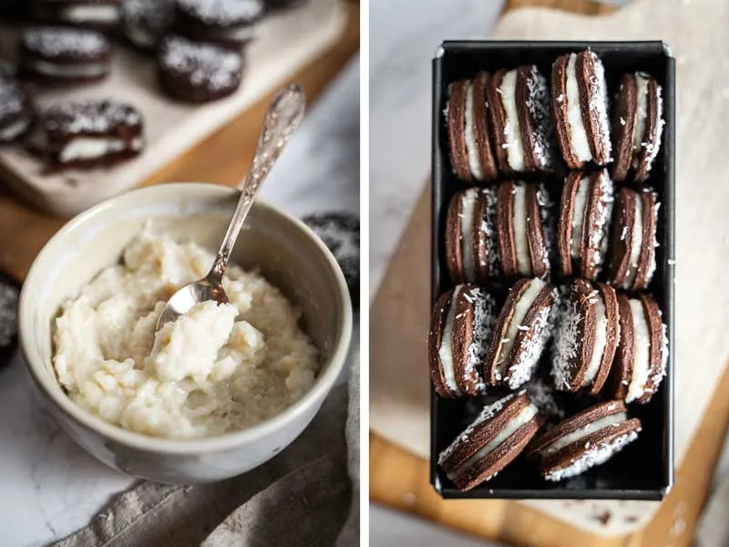 Schokolierte Plätzchenhälften bereit zur Füllung mit Kokoscreme, Schritt für Schritt erklärt