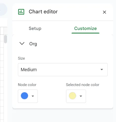 Schritt 3: Personalisierung des Organigramms in Google Tabellen durch Anpassung von Farben und Knotengrößen im Diagramm-Editor für eine bessere Visualisierung.