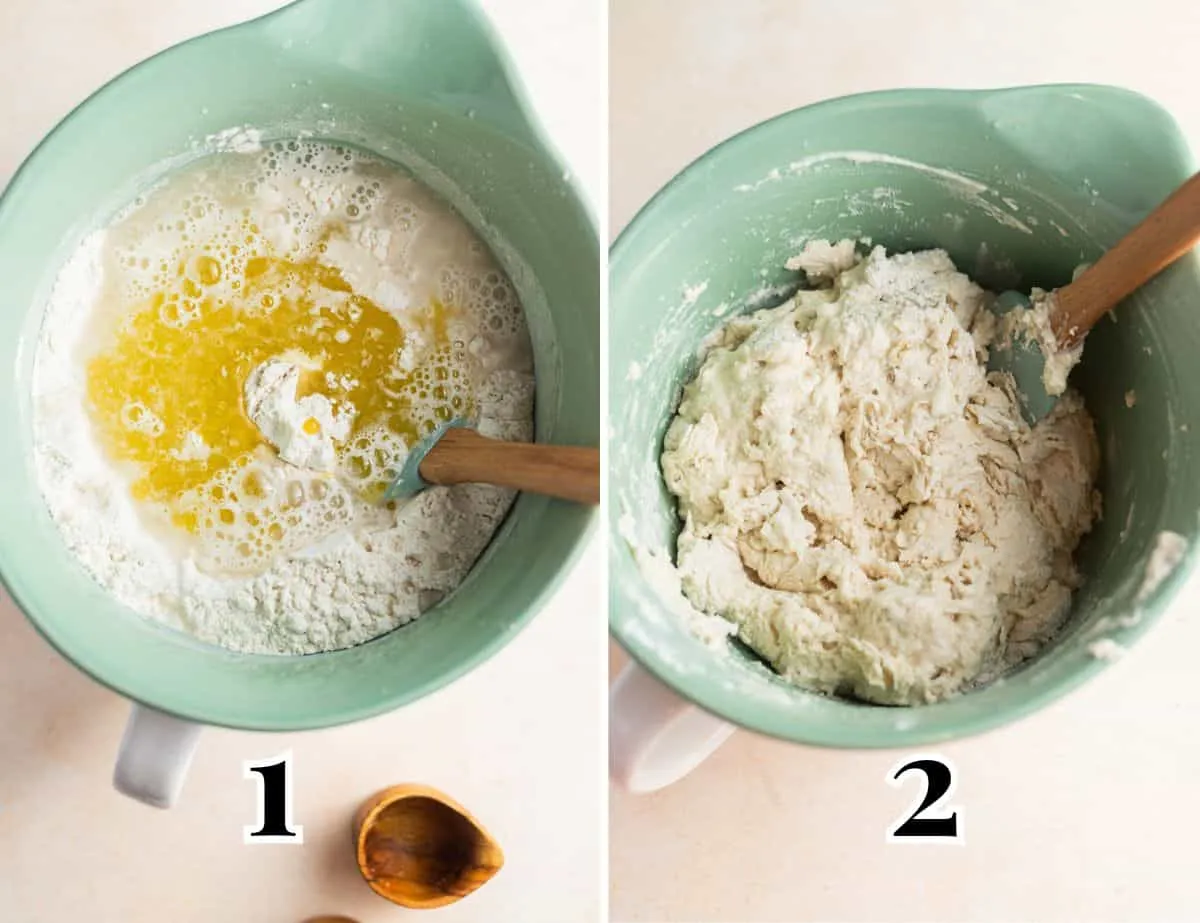 Schritt-für-Schritt-Bilder: Focaccia-Teig wird mit einem Spatel gemischt.