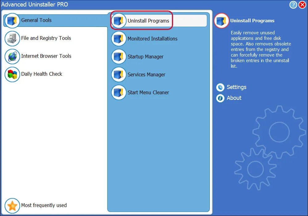 Screenshot: Auswahl der Funktion &quot;Uninstall Programs&quot; in Advanced Uninstaller PRO