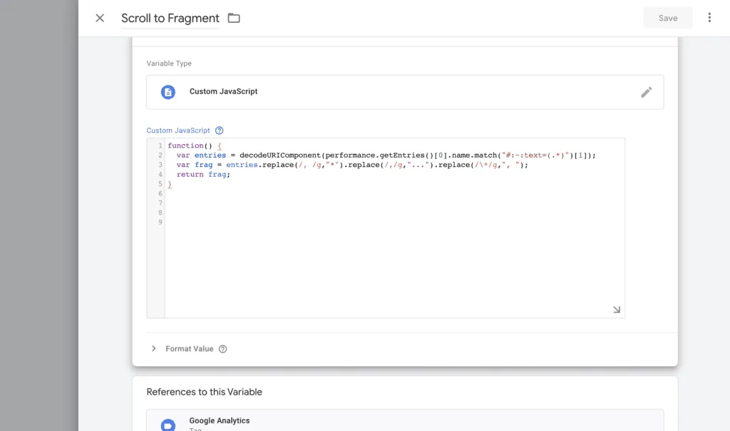 Screenshot: Benutzerdefinierte JavaScript-Variable für Scroll-to-Text-Fragment im Google Tag Manager
