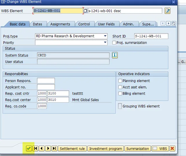 Screenshot: Bestätigen und Zurückkehren zur WBS-Grunddatenliste in SAP