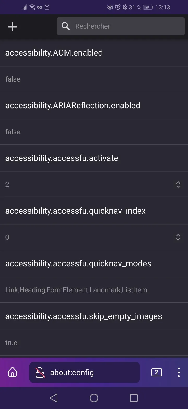 Screenshot der about:config-Seite in Firefox Android, bereit zur Eingabe einer Einstellung