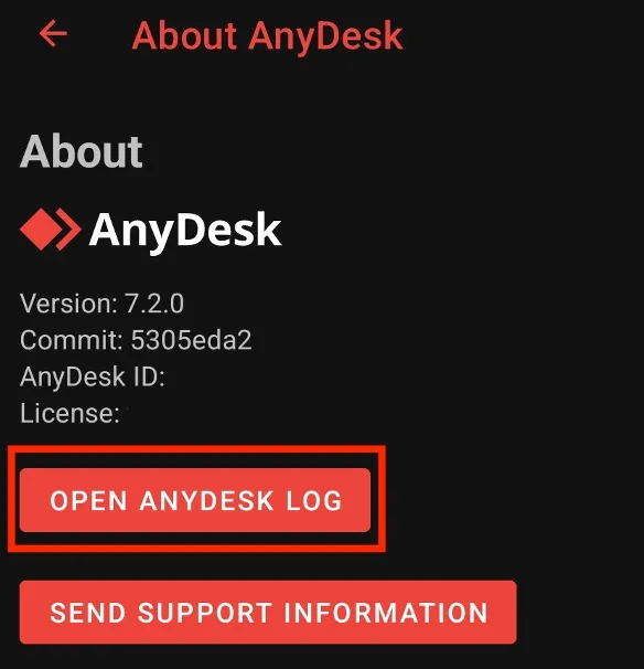 Screenshot der AnyDesk App mit der Option zum Öffnen des AnyDesk Protokolls zur Fehleranalyse