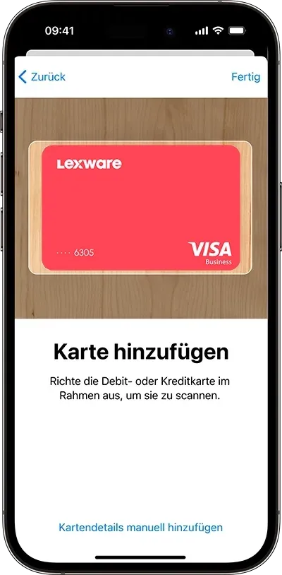 Screenshot der Apple Wallet App auf einem iPhone, der den Button "Andere Karte hinzufügen" hervorhebt
