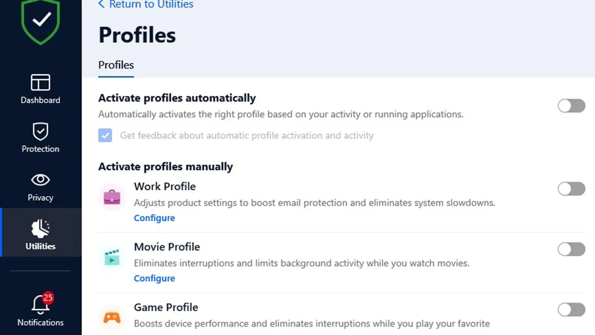 Screenshot der Bitdefender Antivirus Plus Desktop-Oberfläche mit Kategorien auf der linken Seite