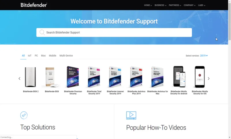 Screenshot der Bitdefender Support-Seite, die verschiedene Kontaktmöglichkeiten wie Telefon, E-Mail und Live-Chat anzeigt.