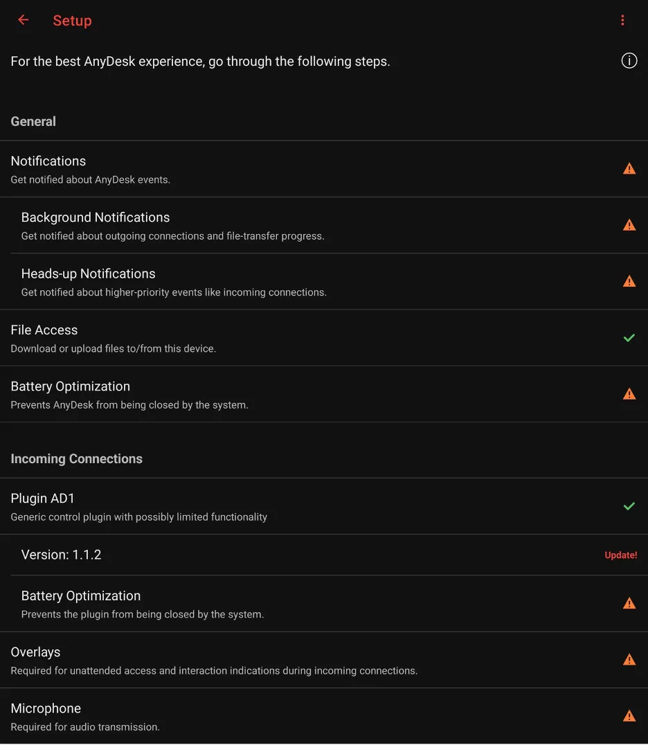Screenshot der Detailansicht einer AnyDesk Berechtigungseinstellung auf einem Android-Gerät