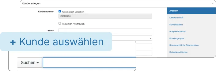 Screenshot der easybill-Oberfläche zur Auswahl eines Kunden für eine neue Rechnung
