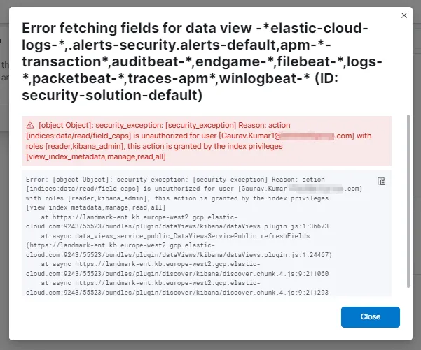 Screenshot der Fehlermeldung beim Zugriff auf Kibana-Dashboards in Microsoft Edge