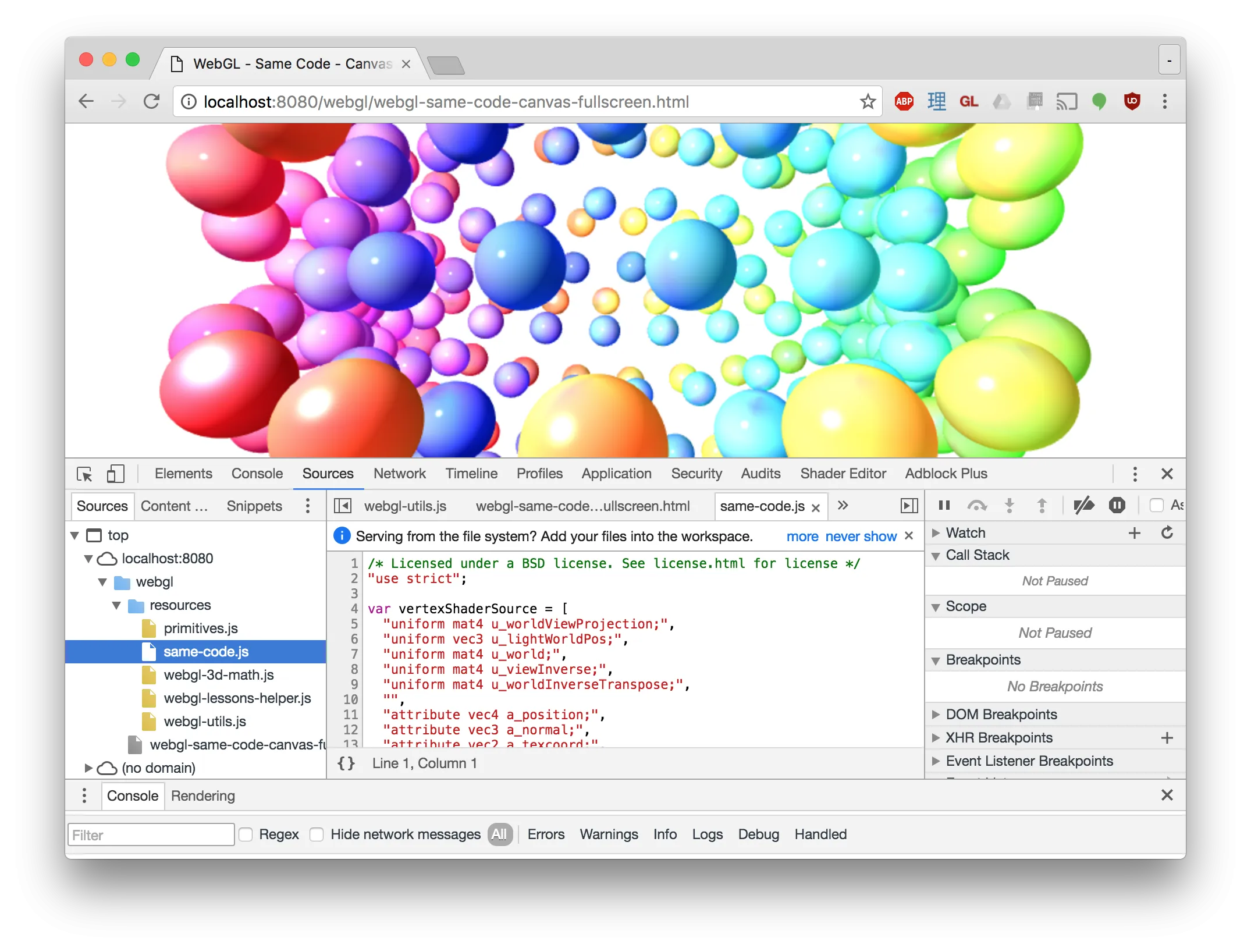 Screenshot der Google Chrome Entwicklertools, geöffnet auf einer Webseite mit WebGL-Inhalt.