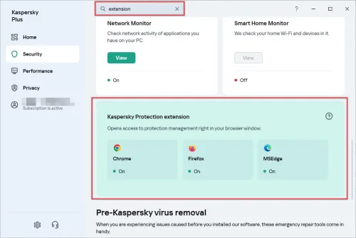 Screenshot der Kaspersky App mit der Suchleiste und dem Suchergebnis für "Erweiterung"