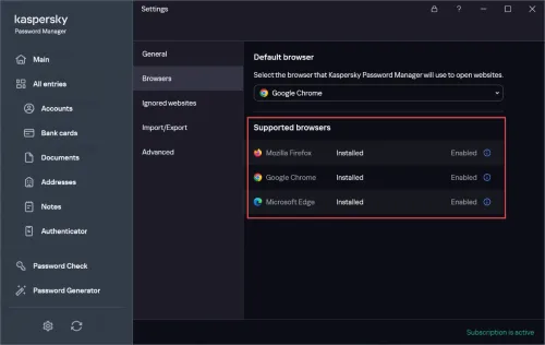 Screenshot der Kaspersky Password Manager Einstellungen im Browser-Tab