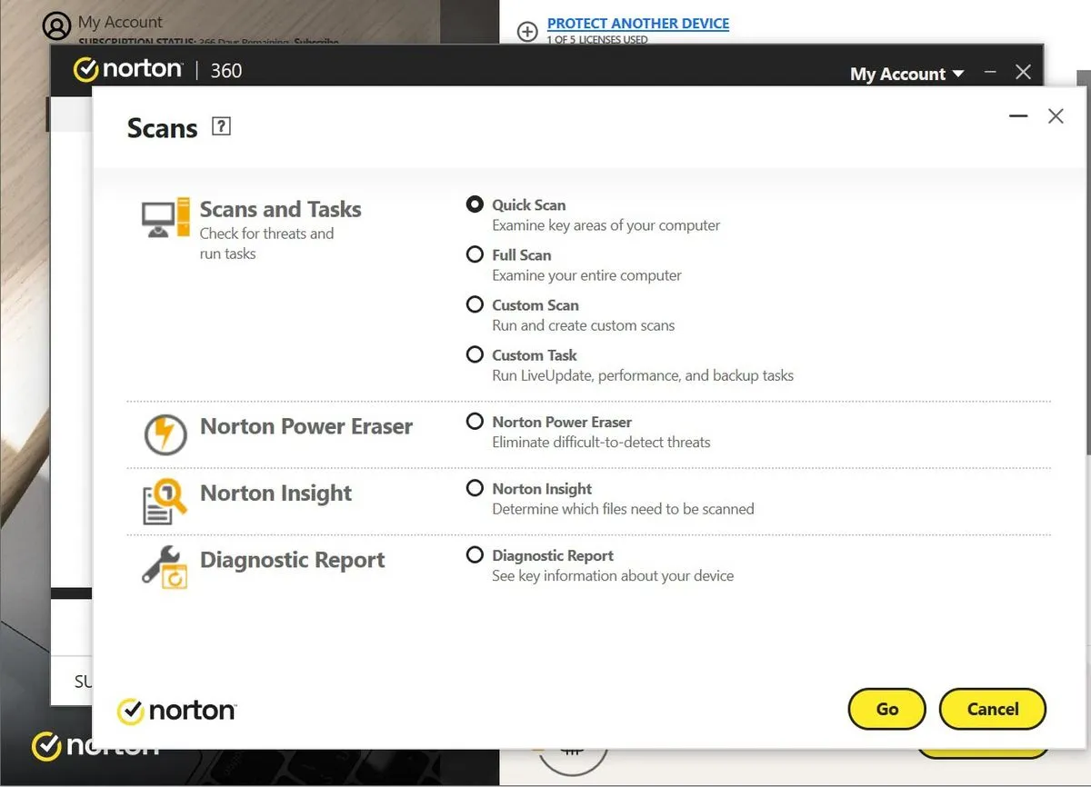 Screenshot der Norton 360 Deluxe App-Oberfläche mit Fokus auf Malware-Schutz