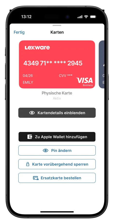 Screenshot der Option, die Lexware VISA Business Debitkarte zur Apple Wallet hinzuzufügen