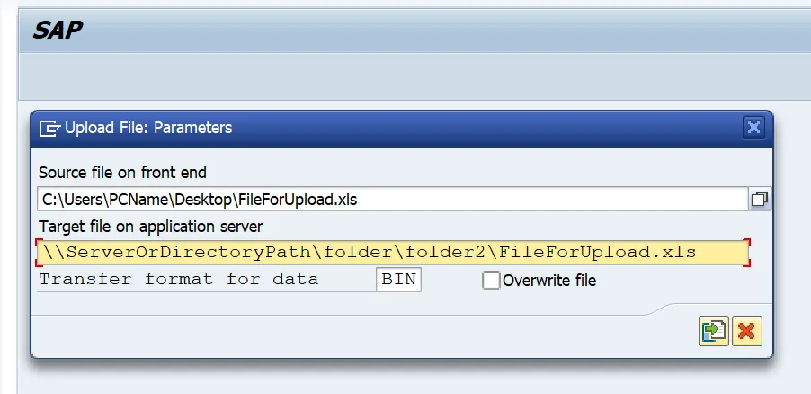 Screenshot der SAP-Transaktion CG3Z mit ausgefüllten Feldern für den Upload einer Datei von einem lokalen Rechner auf den Applikationsserver