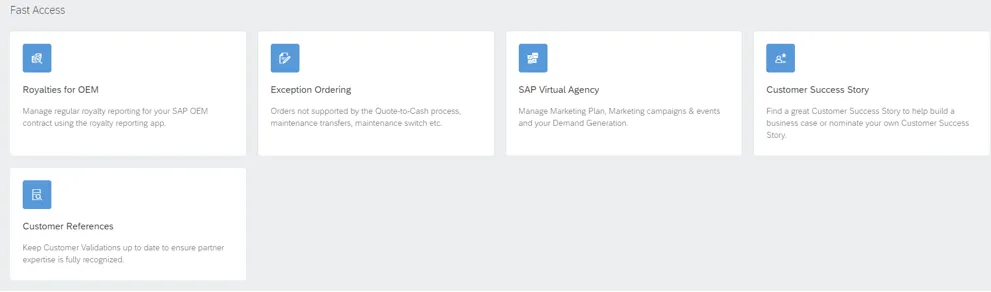 Screenshot der &quot;Schnellzugriff-Links für Kundenbeziehungen&quot; in SAP for Me, das Optionen zur Verwaltung von Lizenzgebühren und Marketingkampagnen zeigt.
