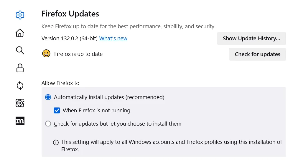 Screenshot der Update-Einstellungen von Firefox im Bereich &quot;Allgemein&quot; unter Windows