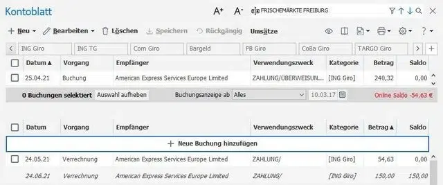 Screenshot der Verrechnungsbuchungsfunktion im Lexware FinanzManager 2022 zur Kreditkartenverwaltung