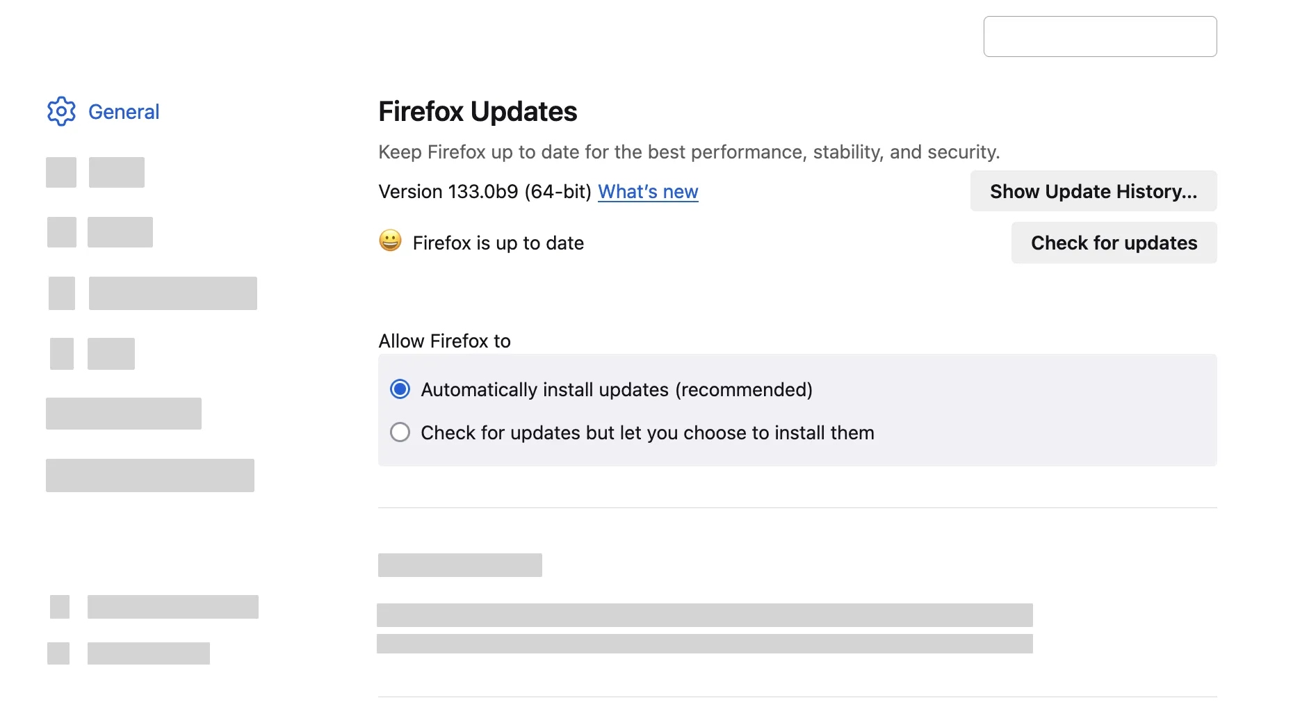 Screenshot des Abschnitts 'Firefox Updates' in den Einstellungen