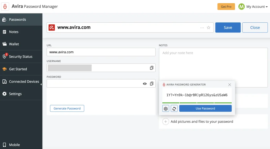Screenshot des Avira Password Managers beim Generieren eines Passworts.