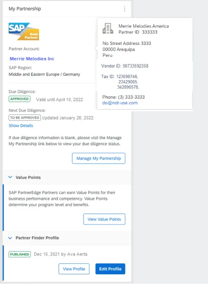Screenshot des Dashboards "Mein Partnerschaftsstatus" in SAP for Me, mit Funktionen zur Profilverwaltung und Anzeige von Wertpunkten.