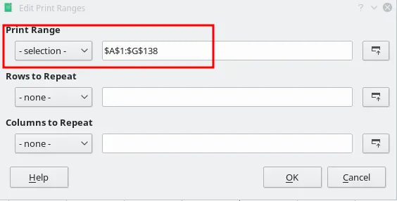 Screenshot des Dialogfelds zum Bearbeiten von Druckbereichen in LibreOffice Calc