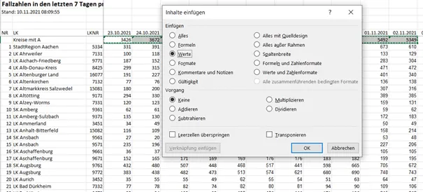 Screenshot des 'Inhalte einfügen'-Menüs in Excel.