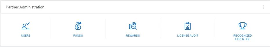 Screenshot des &quot;Partner Admin Dashboards&quot; in SAP for Me, mit Funktionen zur Benutzerverwaltung, Fondsverwaltung und Lizenzprüfung.