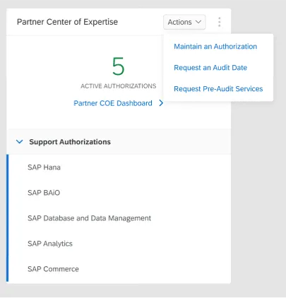 Screenshot des &quot;Partner CoE Dashboards&quot; in SAP for Me, das Metriken und Tools zur Qualitätsmessung für Partner bereitstellt.
