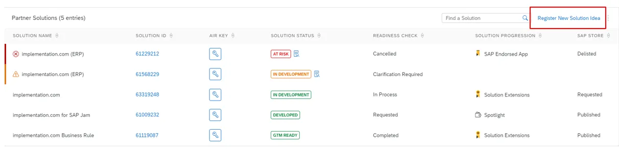 Screenshot des &quot;Partnerlösungen Dashboards&quot; in SAP for Me, das die Verwaltung von Partneranwendungen ermöglicht.