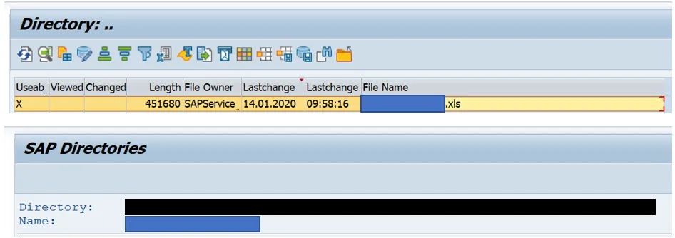 Screenshot des SAP AL11-Fensters, das ein Verzeichnis und einen Dateinamen anzeigt, ausgewählt für den Download