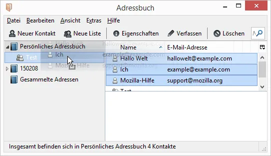 Screenshot des Thunderbird Adressbuchs, der das Hinzufügen von Kontakten per Drag & Drop zu einer neuen Sammelmail-Verteilerliste namens 'Test' zeigt.