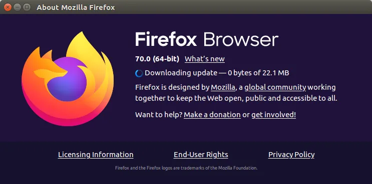 Screenshot des "Über Firefox"-Fensters, das einen aktiven Download eines Updates anzeigt
