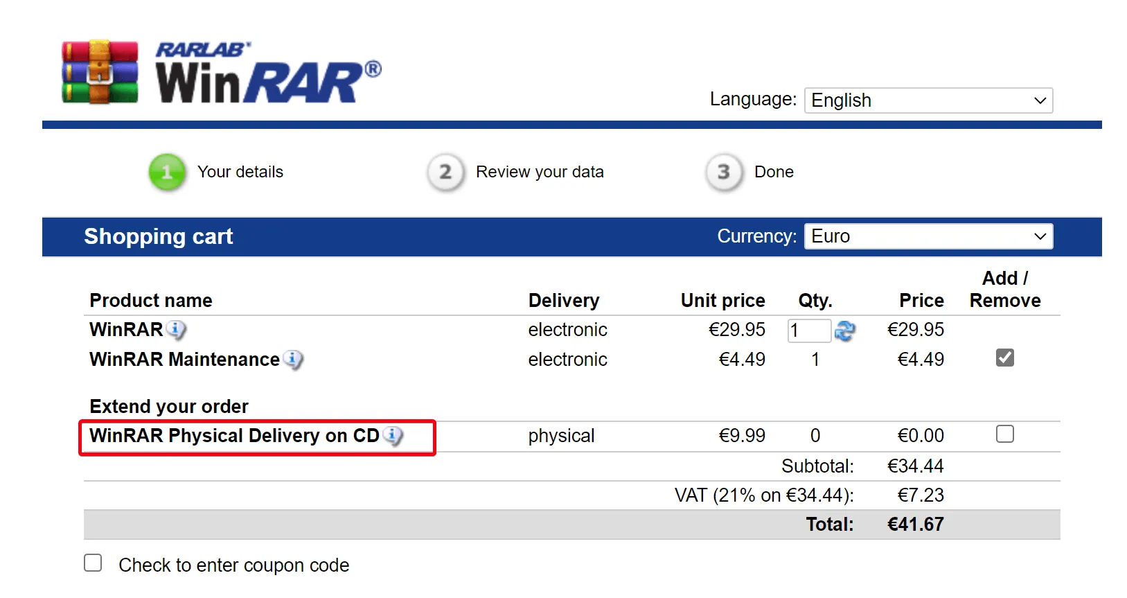 Screenshot des WinRAR Webshops mit der überraschenden Option für physische CD-Lieferung