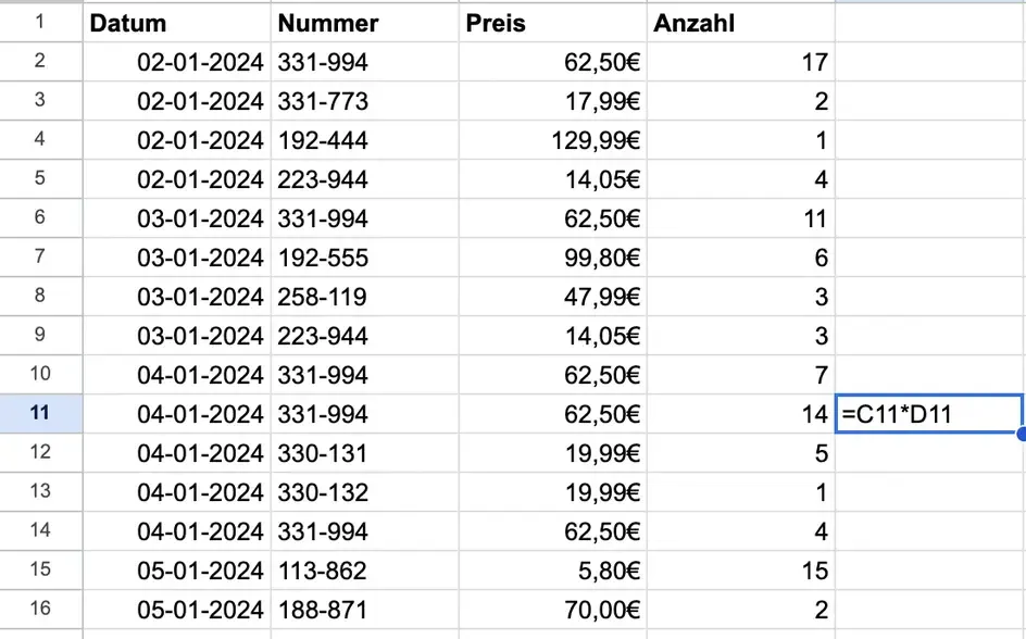 Screenshot einer angezeigten Formel in Google Sheets