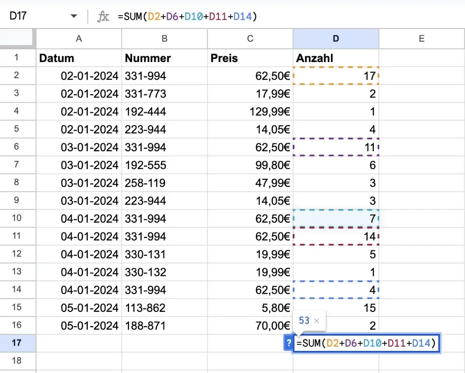 Screenshot einer Formel mit integrierter Funktion in Google Sheets