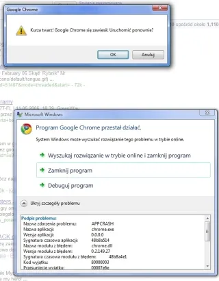 Screenshot einer Google Chrome Absturzmeldung auf Polnisch